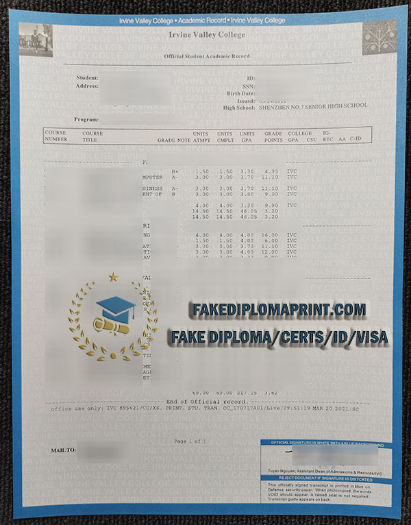 Irvine Valley College academic record,IVC transcript