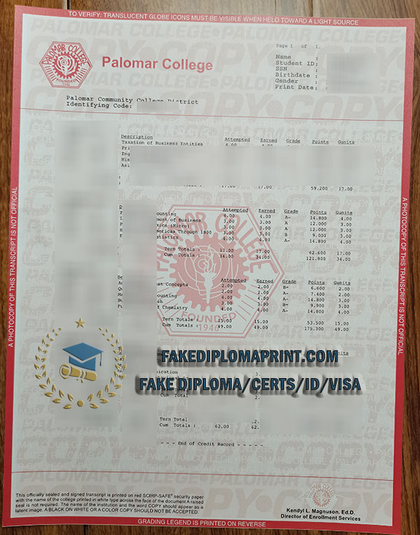 Palomar College academic transcript