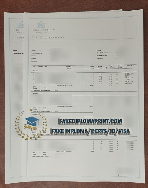 SEGI University academic transcript