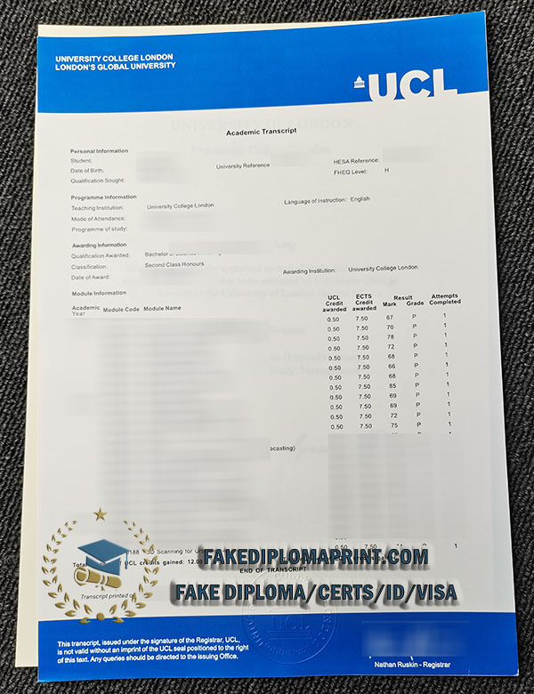 UCL academic transcript