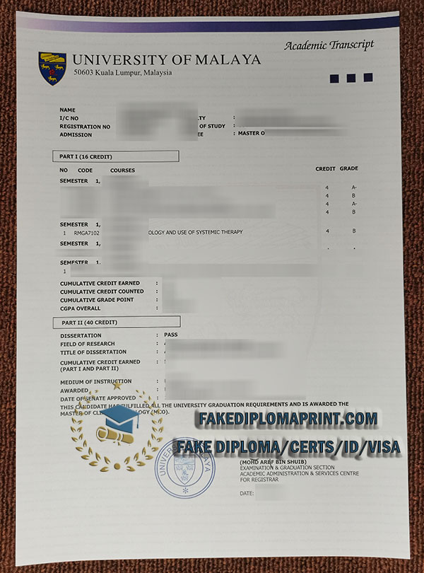 University of Malaya academic transcript