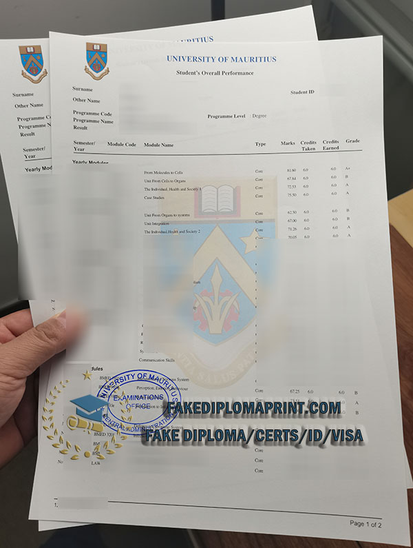 University of Mauritius transcript