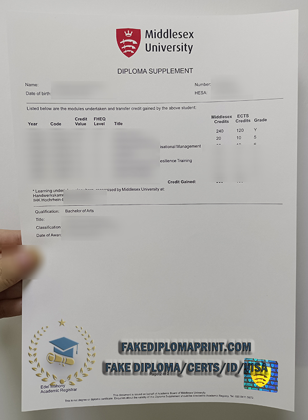 Middlesex University Diploma supplement